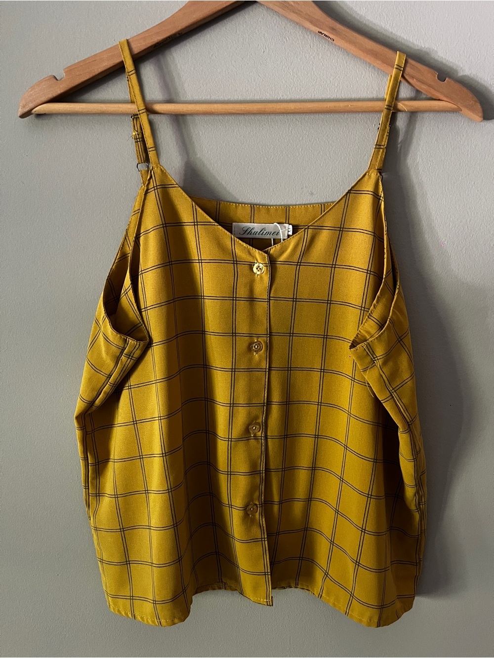 Plaid Mustard Cold-Shoulder Button-Front Camisole